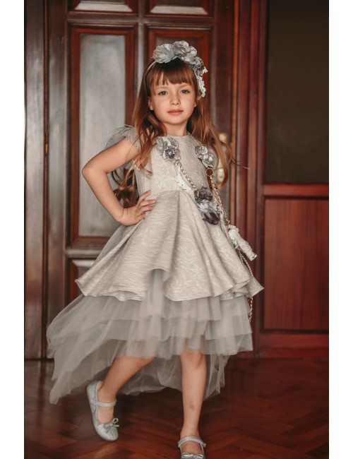 Özel Tasarım Kız Çocuk Elbise, Arkası Uzun Kız Çocuk Abiye Elbise, Saç Aksesuarlı Elbise