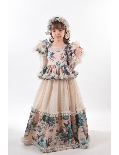 Özel Tasarım Kız Çocuk Abiye Elbise, Saç Aksesuarlı Kız Çocuk Uzun Elbise, Vintage Elbise