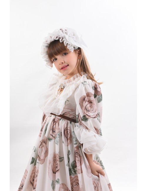 Özel Tasarım Kız Çocuk Uzun Elbise, Vintage Kız Çocuk Elbise, Kolye ve Saç Aksesuarlı Abiye Elbise