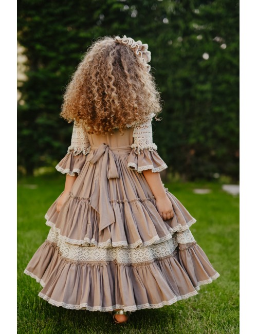 Pembe Elbise, Dantel Detaylı Abiye, Uzun Vintage Kız Çocuk Elbise