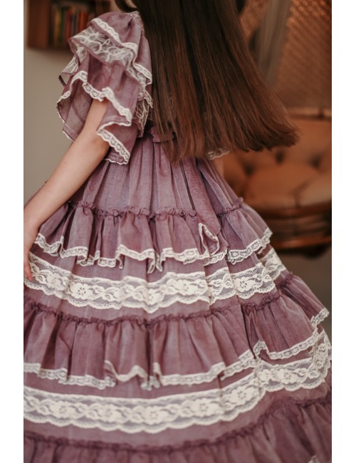 Payet ve Dantel İşlemeli, Taçlı, Uzun, Kız Çocuk Vintage Elbise, Gelinlik