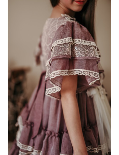 Payet ve Dantel İşlemeli, Taçlı, Uzun, Kız Çocuk Vintage Elbise, Gelinlik