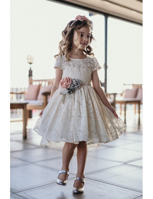 Ekru Kız Çocuk Abiye Elbise , Dantelli, Taçlı, Arkası Uzun Önü Kısa, Yılbaşı Elbisesi, Doğum Günü ve Parti Elbisesi.