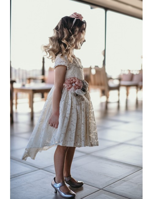 Ekru Kız Çocuk Abiye Elbise , Dantelli, Taçlı, Arkası Uzun Önü Kısa, Yılbaşı Elbisesi, Doğum Günü ve Parti Elbisesi.