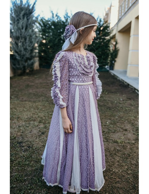 Duvaklı, Yaka ve Kol Detaylı, Vintage Kız Çocuk Elbise.