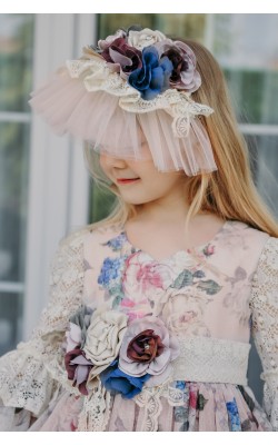 Çiçekli, Dantel Detaylı, Taç Şapkalı Vintage Kız Çocuk Elbise, Kutlama Elbisesi