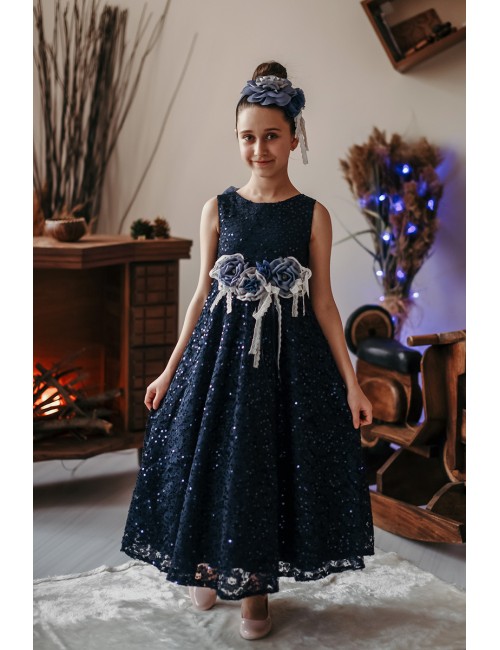 Sırtı Çiçek Detaylı , Taçlı Kız Çocuk Abiye Elbise ,Doğum Günü Elbisesi.