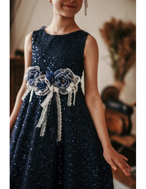 Sırtı Çiçek Detaylı , Taçlı Kız Çocuk Abiye Elbise ,Doğum Günü Elbisesi.