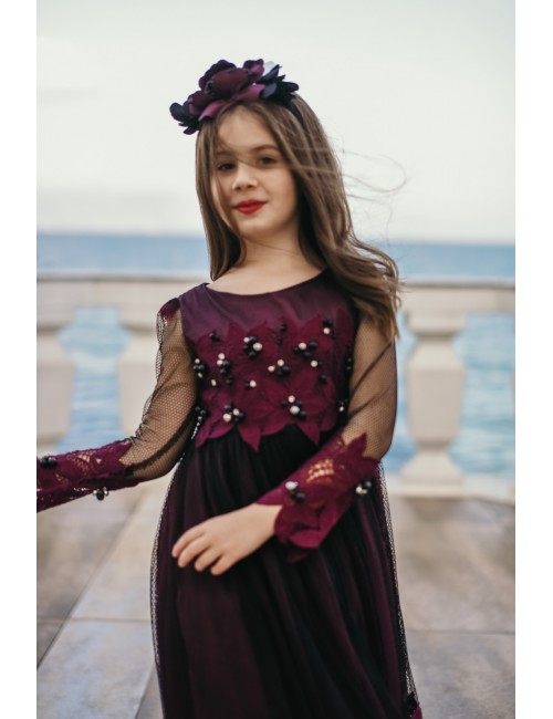 Taçlı, Uzun kollu, Kız Çocuk Abiye Elbise, Yılbaşı Elbisesi, Doğum Günü ve Parti Elbisesi