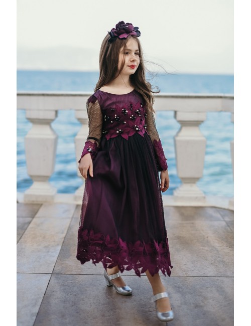 Taçlı, Uzun kollu, Kız Çocuk Abiye Elbise, Yılbaşı Elbisesi, Doğum Günü ve Parti Elbisesi